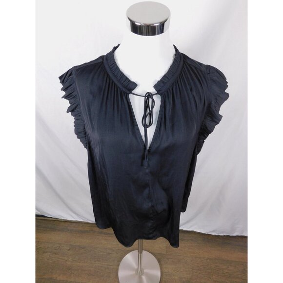 Current Air Blouse Womens XL Black Ruffle Flutter Sleeve Tie Neck Satin Pleated - Picture 3 of 12